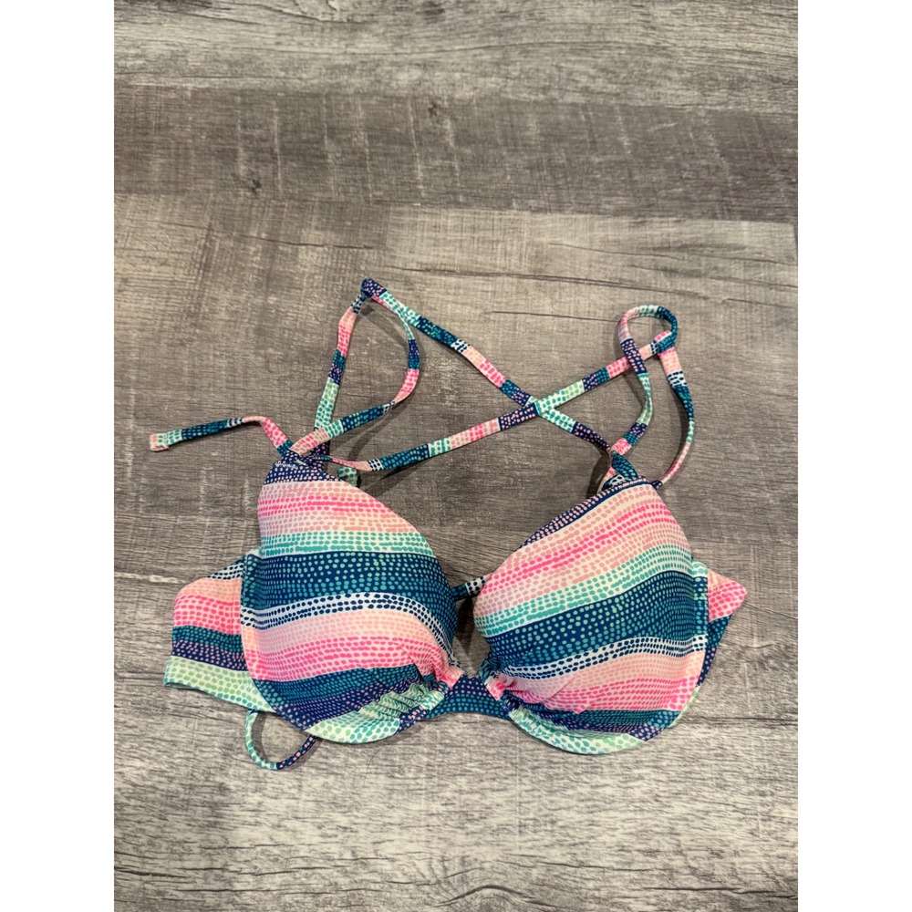 Aerie 34D Multi Color Striped Push Up Bikini Top Criss Cross Back Swimwear